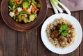 Barley porridge, fried mushrooms, duck liver and steamed summer vegetables - healthy food