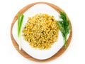 Barley porridge in a plate with vegetables, dill and green onion, selective focus Royalty Free Stock Photo