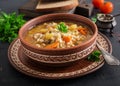 Barley soup with carrots, tomato, celery and meat on a dark backgroundBarley soup with carrots, tomato, celery and meat Royalty Free Stock Photo