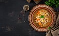 Barley soup with carrots, tomato, celery and meat Royalty Free Stock Photo