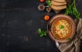 Barley soup with carrots, tomato, celery and meat Royalty Free Stock Photo