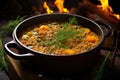 barley and vegetable soup simmering in a cast-iron pot Royalty Free Stock Photo