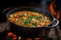 barley and vegetable soup simmering in a cast-iron pot Royalty Free Stock Photo
