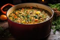 barley and vegetable soup simmering in a cast-iron pot Royalty Free Stock Photo