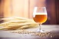 barleywine in a snifter, deep amber hue, near barley grains