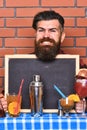 Barman, bartender or hipster holds bar advertising. Bar menu concept.