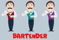 Funny vector cartoon bartender making a cocktail drink in shaker. Barman character at work. Hand drawn man with mustache. Mascot f Royalty Free Stock Photo