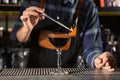 Barman decorating alcoholic cocktail at counter in night club