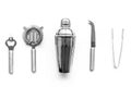 Barman equipment. Shaker, strainer on white background top view