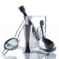 Barman equipment. Shaker, strainer on white background top view Royalty Free Stock Photo