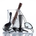 Barman equipment. Shaker, strainer on white background top view Royalty Free Stock Photo