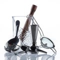 Barman equipment. Shaker, strainer on white background top view