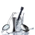 Barman equipment. Shaker, strainer on white background top view Royalty Free Stock Photo