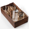 Barman equipment, strainer on white, bartender set on white background. Set of bar tools in a wooden gift box isolated