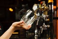 Barman going to pour beer into glass goblet from tap