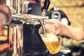 Barman hand at beer tap pouring a draught lager beer serving in a restaurant Royalty Free Stock Photo