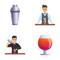 Barman icons set cartoon vector. Bartender at work