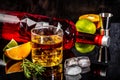 Barman makes whisky shot drinks in row. Alcoholic shots in nightclub. Free space for your text Royalty Free Stock Photo