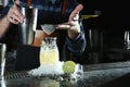 Barman making tropical cocktail at counter in pub, closeup.