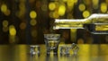 Barman pour frozen vodka from bottle into shot glass. Ice cubes against shiny gold party background Royalty Free Stock Photo