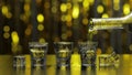 Barman pour frozen vodka from bottle into shot glass. Ice cubes against shiny gold party background Royalty Free Stock Photo