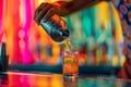 Barman pouring fresh alcoholic drink into the glass with ice cubes. Professional bartender prepare a fresh cocktail Royalty Free Stock Photo