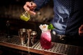 Barman pouring a lime syrup into the glass of sweet strawberry mojito Royalty Free Stock Photo