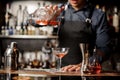 Barman pouring red alcoholic drink into the cocktail glass Royalty Free Stock Photo