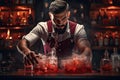 Barman preparing cocktail. Bearded bartender in red apron is making cocktail, Expert barman is making cocktails at the night club