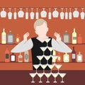 Barman show. Night life in bar. Alcoholic cocktails and bottles icon set. Pyramid of glass alcoholic champagne isolated Royalty Free Stock Photo
