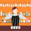 Barman show. Night life in bar. Man mix beverage. Alcoholic cocktails and bottles icon set.