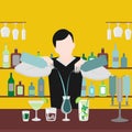 Barman show. Night life in bar. Man mix beverage. Alcoholic cocktails and bottles icon set.
