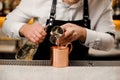 Barman pouring a portion of alcoholic drink into a cup Royalty Free Stock Photo