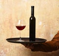 Barmans hand holds and serves wine. Service and restaurant drinks