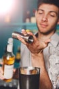 Barmans hands making shot cocktail Royalty Free Stock Photo