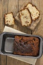 Barmbrack or bairin breac is a traditional Irish sweet yeast bread with grapes and raisins, often eaten with afternoon tea butter Royalty Free Stock Photo