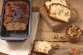 Barmbrack or bairin breac is a traditional Irish sweet yeast bread with grapes and raisins, often eaten with afternoon tea butter Royalty Free Stock Photo