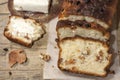 Barmbrack or bairin breac is a traditional Irish sweet yeast bread with grapes and raisins, often eaten with afternoon tea butter Royalty Free Stock Photo