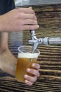 Barmen filling plastic glass with beer Royalty Free Stock Photo