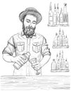 Barmen mixing cocktail, graphic sketch illustration Royalty Free Stock Photo