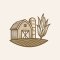Stylized illustration of a barn, silo, and corn on a field Royalty Free Stock Photo