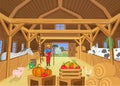 A barn with animals and farmer, view inside. Vector illustration in cartoon style Royalty Free Stock Photo