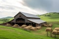 barn with bales of hay and horses in the stalls, surrounded by rolling hills Royalty Free Stock Photo