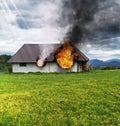 Barn, burning warehouse. At the farm. Fire Royalty Free Stock Photo