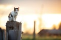 barn cat perched on a fence post at sunrise Royalty Free Stock Photo