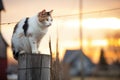 barn cat perched on a fence post at sunrise Royalty Free Stock Photo