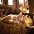 Barn cat sleeping on a pile of hay in a barn. Royalty Free Stock Photo