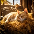 Barn cat sleeping on a pile of hay in a barn. Royalty Free Stock Photo