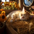 Barn cat sleeping on a pile of hay in a barn. Royalty Free Stock Photo