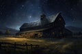 Barn in Field at Night, Serene, Rustic Image of a Lone Structure Illuminated Under the Starry Sky, A silent night in the Royalty Free Stock Photo